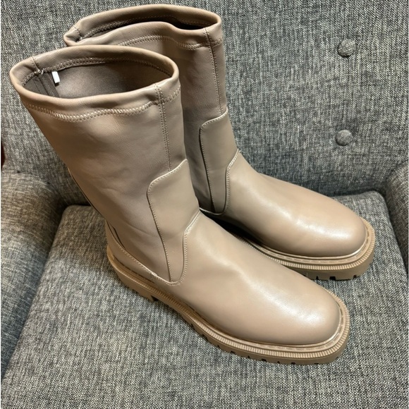H&M Chelsea mid-calf lug platform sole taupe tan faux leather boot. 10 - Picture 6 of 13